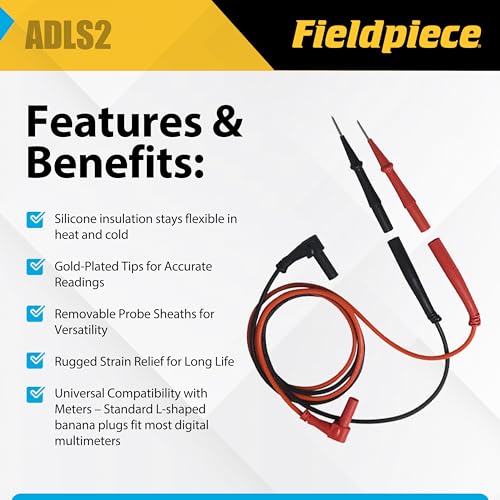 Fieldpiece ADLS2 - Deluxe Silicone Test Leads - Professional HVAC/R Multimeter Lead Set with Gold-Plated Tips - Basket Style Strain Relief with Industry Standard L-Shaped Banana Plug Type