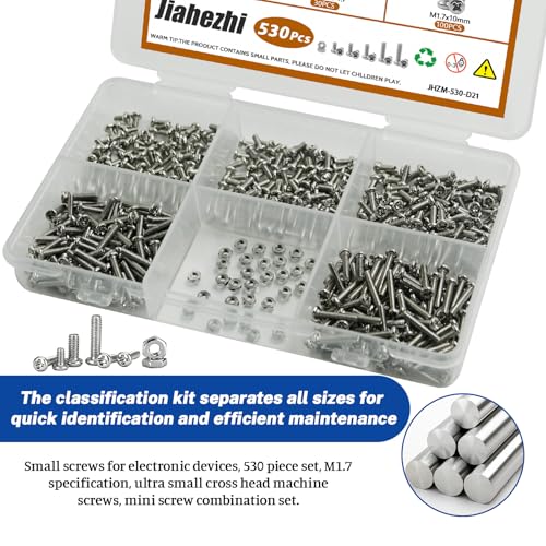 530Pcs 304 Stainless Steel Metric Micro Screws Nuts Assortment, M1.7x3/4/5/6/8mm Sizes, Phillips Pan Head, Fully Threaded Kit for Arduino, RC Models, Electronics, DIY Projects - size: M1.7x3/4/5/6/8- 530 Pcs