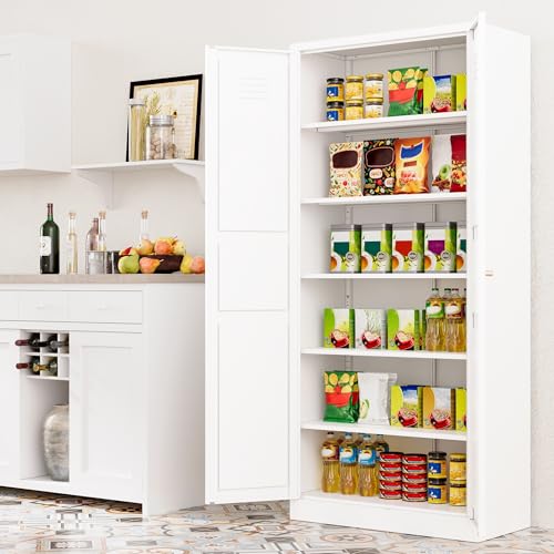SISESOL 71" Tall Pantry Cabinet with 2 Doors and 5 Shelves,Kitchen Pantry Storage Cabinets,White Metal Storage Cabinet,Wide Deep Food Cupboard for Home,Kitchen,Dining/Living Room - color: White, size: 71"H