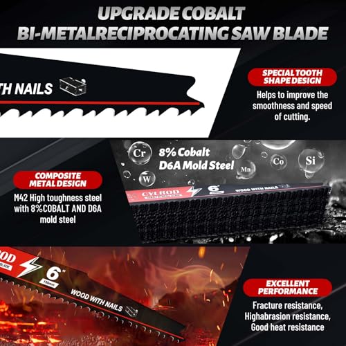 25 Pack 6 in 6/12 TPI Reciprocating Saw Blades for Sawzall Blades Metal Cutting,M42 Steel Cobalt Bi-Metal Blades for Nail-Embedded Wood Cutting,Stud Cutting Replace for Milwaukee for Diablo Blade - size: 6 inch, style: 6/12 TPI Set