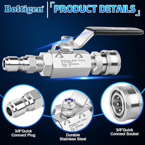 Boltigen 5000 PSI High Pressure Washer Ball Valve Kit, 3/8" Quick Connect Shut Off Ball Valve for Power Washer Hose, Stainless Steel