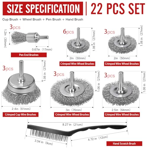 22-Pack Wire Brush for Drill, Carbon Steel Crimped Brushes – Spherical Wheel, Cup, Pen End & Hand Brushes Set, Fit 1/4 Inch Round Shank Power Drill Attachment for Rust, Paint, Abrasive Removal - color: Silver