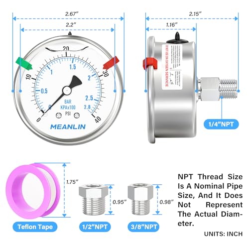 MEANLIN MEASURE 0~40Psi Stainless Steel Liquid Filled Pressure Gauge 2.5" FACE DIAL 1/4" NPT for Pool Sand Filter Water Oil Air Pressure Test Back Mount with Stainless Steel Hex Bushing and Snaps - size: 0-40Psi, style: Back Mount