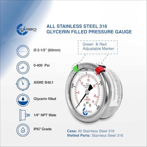 400 PSI Liquid Filled Pressure Gauge, 2.5" Dial, 1/4 NPT Back Mount, 316 SS Case, 316 SS Wetted Parts, Dual Scale PSI/Bar - ASME B40.1 Grade A - size: 0-400 PSI, style: STANDARD