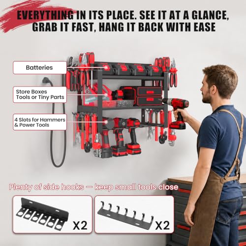 Power Tool Organizer Wall Mount, 8-Outlet Charging Station, 4 Drill Holders - size: 16.5" Width 3-Tier
