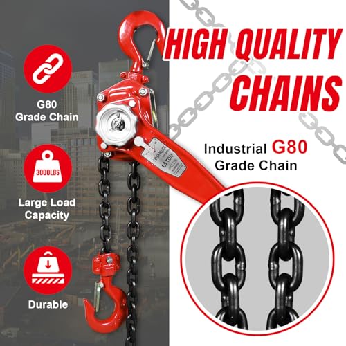 Big RED Manual Lever Chain Hoist,1-1/2 Ton 3000 lbs Capacity Come Along,G80 Grade Steel with Double-Pawl Brake,2 Heavy Duty 360° Rotation Hooks for Garage Factory Warehouse Ports Automotive Machinery - size: 1.5 Ton (3000 lbs)