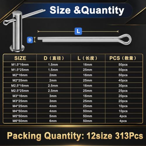 313pcs Cotter Pins,12 Sizes Cotter Pin Assortment Kit,304 Stainless Steel Hardware Pins for Automotive, Trailer Hitch,Lawn Mower,Hitch Lock System, Trucks, Engine Repair - size: 313pcs 12Size Cotter Pin Assortment Kit