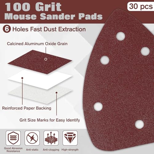 30 Pcs Mouse Sander Sandpaper 100 Grit 6 Hole Mouse Sander Pads Hook and Loop Sanding Disc - style: 100 Grit