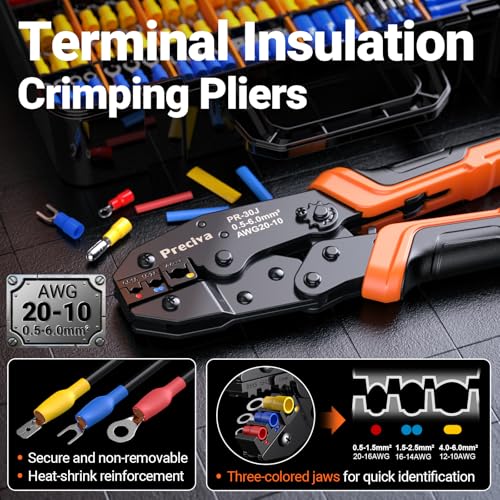 Preciva Crimping Tool with 490PCS Insulated Terminals and 110 Heat Shrink Tubes, AWG 20-10 Ratchet Crimping Pliers with Storage Case for Car, Electric
