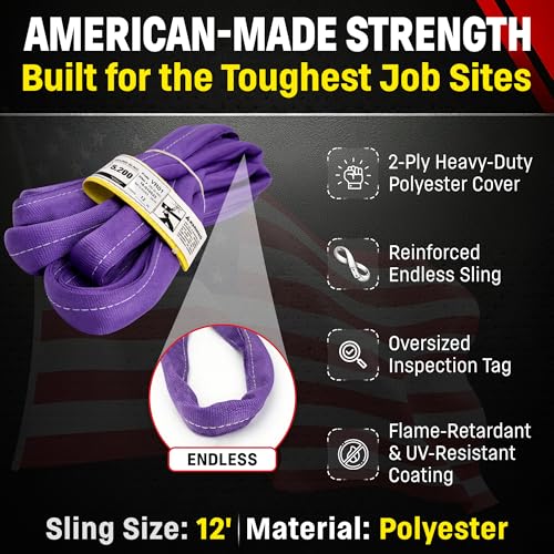 Chenango Supply VR1 12 Foot Endless Round Lifting Sling – USA Made, 2,600 lb Vertical, 2,080 lb Choker, 5,200 lb Basket – Double Ply Cover Polyester, Purple Round Poly Sling (12 FT) - size: 12 ft
