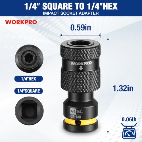 WORKPRO 1/4" Square Drive to 1/4" Hex Quick Release Socket Adapter, CR-MO - size: 1/4 inch