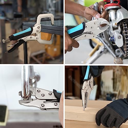 SHALL 6-Piece Locking Pliers, Vice Grips Pliers Set, 5",7" & 10" Curved Jaw Locking Pliers, 6-1/2" & 9-1/2 Long Nose Locking Pliers, 6" Locking C-Clamp, Two-Color TPR Handle, Roll Up Pouch Included