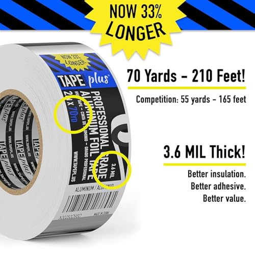 TapePlus Aluminum Foil Tape - HVAC & Ductwork Sealing with HVAC Tape - Metal Ductwork Insulation & Moisture Protection - Heat-Resistant Performance to 250°F - 2 in x 70 yd, Pack of 1, Silver - size: 1 Pack