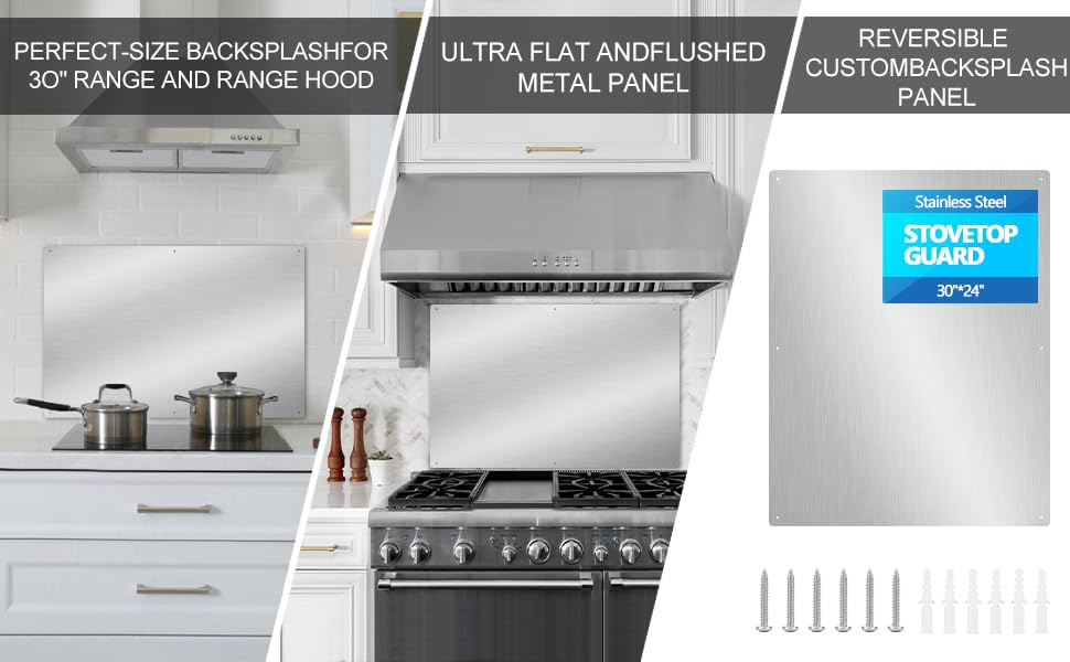 30" x 24" Thicken Heavy Range Hoods Stainless Steel Backsplash,Panel Splatter Guard for Stovetop,6 Pre Drilled Holes for Easy Installation,Keep the Walls Clean, Bright and Beautiful (30" x 24") - size: 30" x 24"