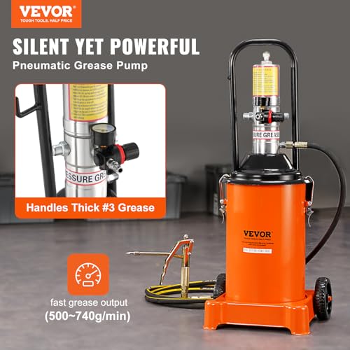 VEVOR Grease Pump, 3 Gallon Air Grease Pump with 13 ft High Pressure Hose and Grease Gun, 12L Pneumatic Grease Pump with Wheels, Portable Lubrication Grease Pump - style: 3 Gallon