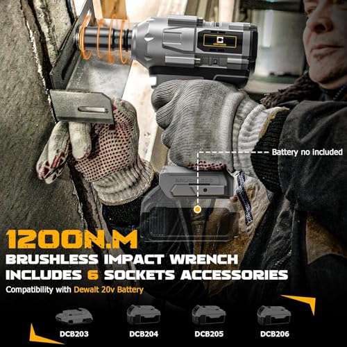 Cordless Impact Wrench 1/2 inch for Dewalt Battery 900FT-LBS with 6 Sockets and Durable Toolbox Brushless Impact Gun Includes LED Work Light (950Ft-lbs Wrench with 6 Sockets) - color: For Dewalt With 6 Socket