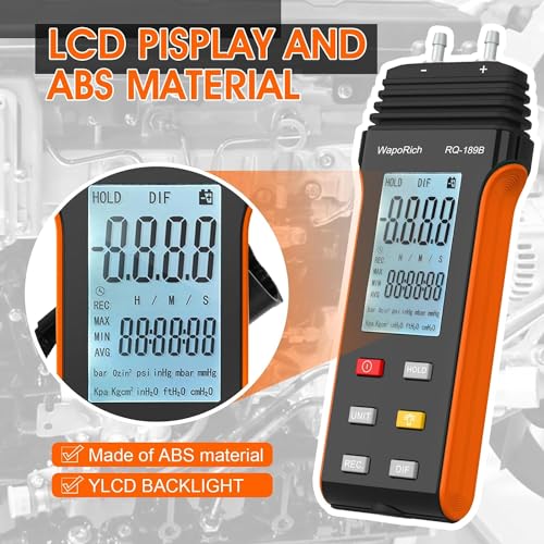 Manometer Air Pressure Meter, WapoRich Dual-Port HVAC Gas Pressure Tester ±30Psi/206.8Kpa ±0.3% with 11 Selectable Units of Differential Pressure Gauge, Backlight and Data Record - color: RQ-189B(Limit maximum pressure:30Psi)