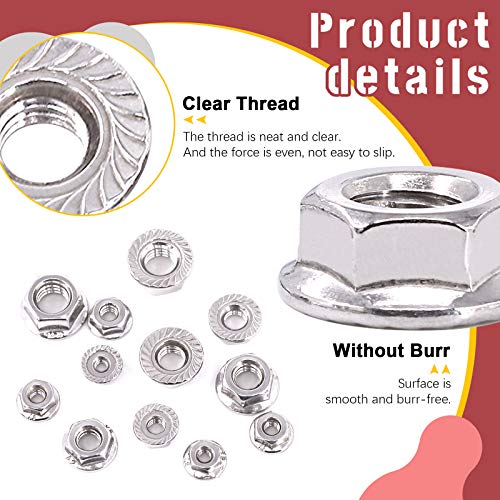 Hilitchi 100Pcs 304 Stainless Steel Serrated Flange SAE Hex Lock Nuts 1/4-20 5/16-18 3/8-16 10-24 8-32 6-32 Bright Finish Hex Flange Nuts Assortment Kit - size: 100Pcs SAE Hex Flange Nuts