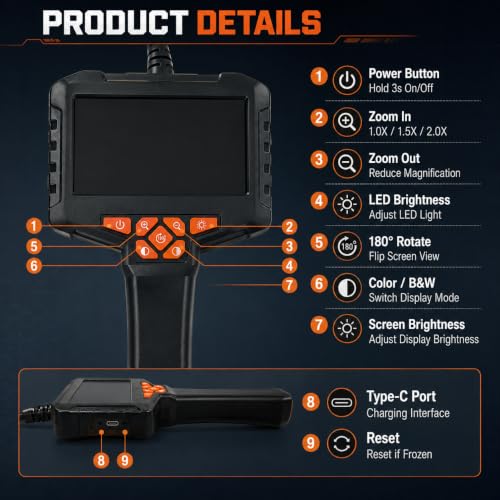 50FT Borescope Camera with Light, 4.3" Screen Inspection Camera, No WiFi - size: 4.3''Single Lens 50FT
