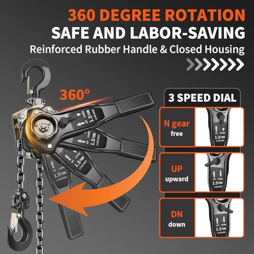 Manual Lever Chain Hoist 1.5 Ton 3300 lbs Capacity 10 FT Come Along, G80 Carbon Steel with Double-Pawl Brake,360° Rotation Hook, for Garage Factory Dock (Lever Chain Hoist 1.5T/3m)
