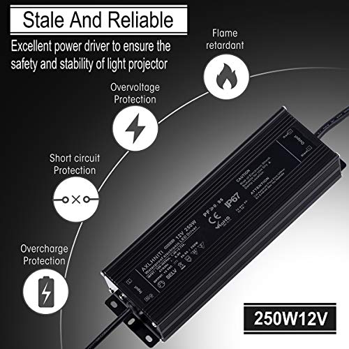 Waterproof IP67 LED Transformer - 250W 12V, 110V AC to 12V DC Low Voltage Output with 3-Prong Plug, 3.3 Feet Cable for LED Light, Computer Project, Outdoor Light - size: 250W12V