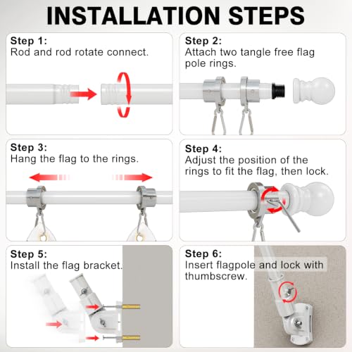 Heavy Duty Stainless Steel Flag Pole Kit - 180° Adjustable Bracket - color: White flag pole with bracket