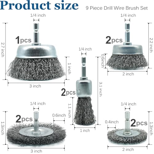 9 Pcs Wire Brush Set for Drill, Coarse Carbon Steel Crimping Wire Wheel Brush with 1/4" Hex Shank for Aggressive Rust Removal, Paint Stripping & Surface Abrasion - style: 3 Cup Brush+4 Wheel Brush+2 Pen Brush (9 Piece Set)