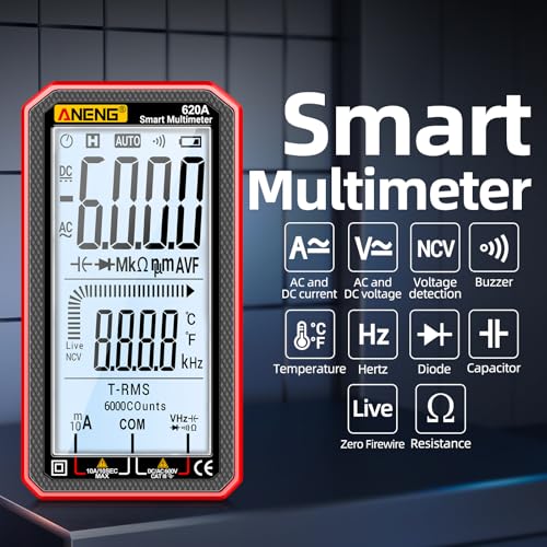 Digital Multimeter, Voltmeter Smart Electrical Tester 6000 Counts with LCD, Measures AC/DC Current, Voltage, Resistance Temperature for Electricians DIY (620A Red) - color: Red, size: 620A
