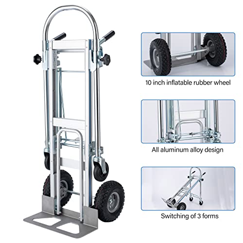 LEADALLWAY 3-in-1 Aluminum Convertible Hand Truck, Heavy Duty Folding Dolly Cart Pneumatic & Solid Wheels for Moving, Warehouse, Delivery, Home Use,770lbs Capacity