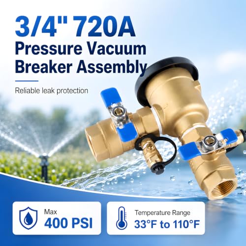 3/4 Inch Backflow Preventer, Brass Pressure Vacuum Breaker Assembly, 400 PSI Sprinkler Backflow Valve for Lawn Irrigation, Garden Water Lines and Outdoor Anti-Siphon Protection - size: 3/4 Inch