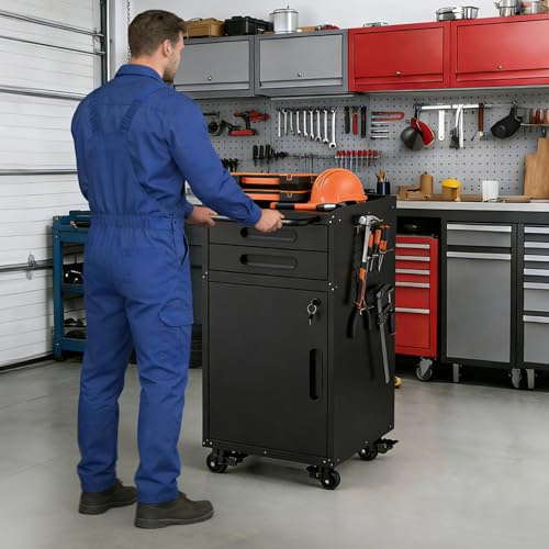 Metal Mobile Tool Storage Cabinet with 1 Locking Door and 2 Drawer - color: Black, style: 2 drawers 1 door with wheels