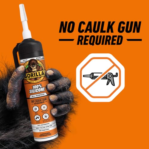 Gorilla 100% Silicone All-Purpose Sealant, No Caulk Gun Required, 6.75 oz (Pack of 1) White, 30 Min Water Ready, Mold & Mildew Resistant, Waterproof for Indoor & Outdoor - color: White, size: 6.75oz
