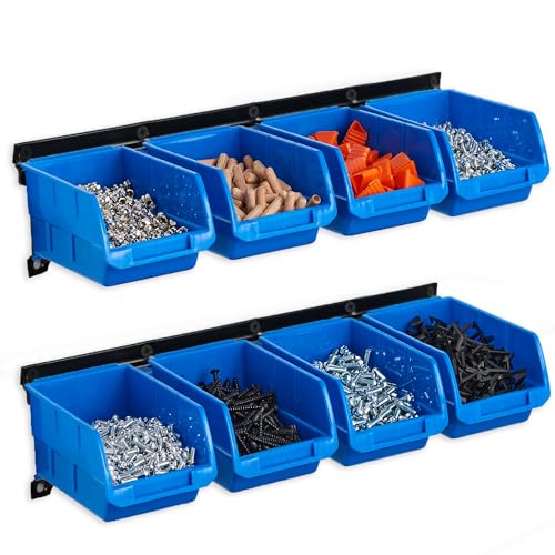 Wallmaster 8-Bin Wall Mounted Plastic Storage Bins Hanging Organizer Bins - color: Blue, size: 8Bins+2Rails