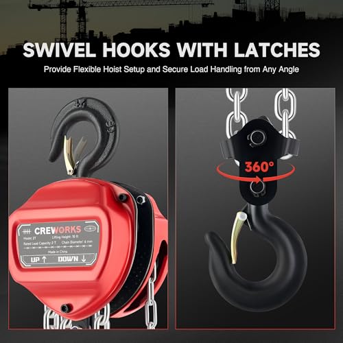 CREWORKS Hand Chain Hoist, 2 Ton 4400 lb Capacity 10 ft Manual Chain Hoist with G80 Load Chain & Double Guide Wheels, Heavy Duty Manual Lever Hoist for Construction Warehouse Automotive Factory - style: Triangle Hand chain hoist, 2 Ton, 10FT