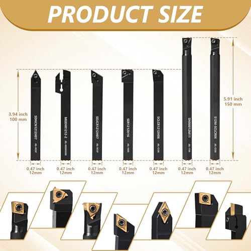 VerRich 28Pcs Kit Indexable Lathe Turning Tools,7PCS 1/2"12mm Shank Boring Bar Metal Turning Tool Holder with 21pcs Carbide Inserts for Boring Cutting Grooving Turning Threading - size: 7PCS 1/2"12mm Holders+21PCS Inserts