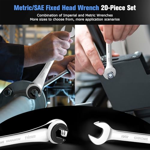 LOSCHEN Metric and SAE 20PCS Ratcheting Combination Wrench Set, Spanner Set with Open End, CR-V Steel Ratcheting Tubing Wrench Set with 72-Tooth Gear