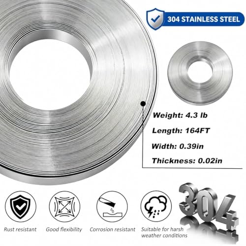164ft Stainless Steel Banding Kit 304 Steel Strapping Kit 3/8" with Ratchet Tensioner Cutter Crimper Pliers with 100 Buckles for Pipe Pole Pallet Tensioning Packing Bundling