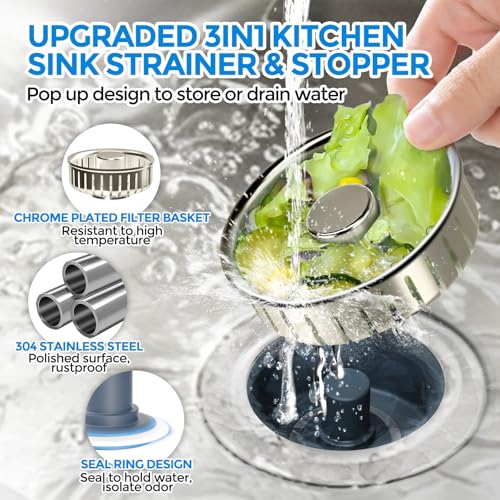 zaa 3 in 1 Kitchen Sink Drain Strainer Stopper Removable Basket Pop-Up - color: Brushed Nickel