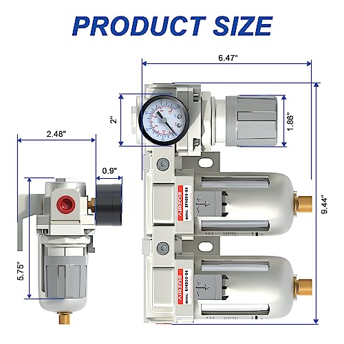 AIRZOE 1/2" NPT Air Dryer for Compressor-Air Compressor Water Separator AC4110-04,Double Air Compressor Filter,Air Pressure Regulator Combo,5 Micron Brass Element,Semi-Auto Drain,0-145 psi Gauge - size: 1/2"NPT