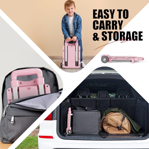 Mini Small Folding Hand Truck Dolly with 2 Tank Wheels, Expandable Base Plate Utility Luggage Cart with 1 Elastic Ropes, Portable Dolly Cart for School Travel Office Moving - color: Pink