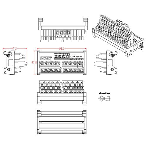 Screw Terminal Block Power Distribution Module (2x16 Position, DIN Rail Mount) - size: 2x16 Position, style: DIN Rail Mount