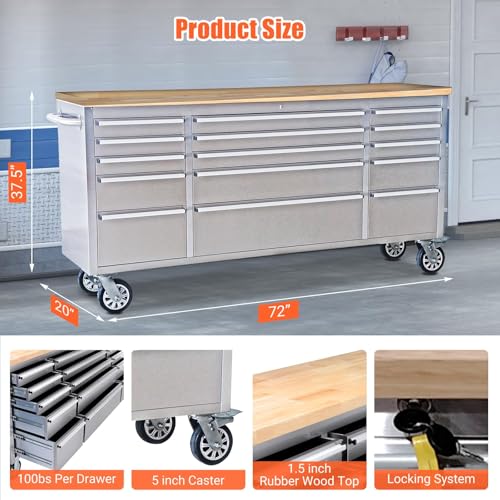 72" Heavy-Duty Rolling Tool Chest & Garage Workbench with 15 Drawers, Steel Cabinet, Rubber Wood Top, Key Locking System, Drawer Liners, On Wheels for Warehouse Repair Shop, Silver - size: 72 Inch Silver