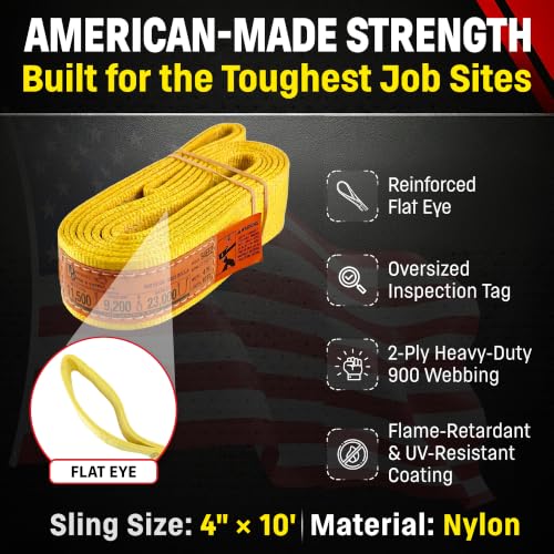 DD Sling 4 Inch x 10 Foot Nylon Lifting Sling – USA Made, 11,500 lb Vertical, 9,200 lb Choker, 23,000 lb Basket – 2-Ply Heavy Duty 900 Webbing, Type 3 Flat Eye & Eye Rigging Sling - size: 4"x10'
