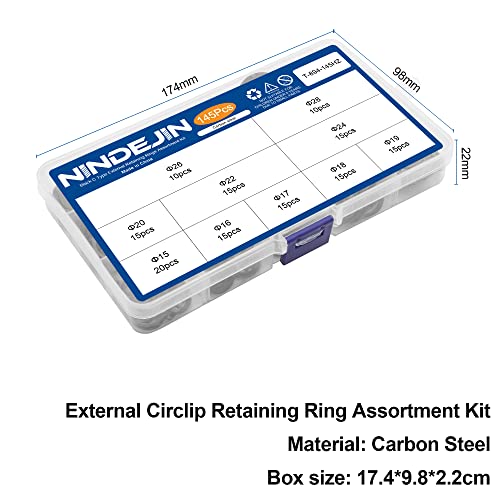 NINDEJIN Snap Ring Shop Assortment, 145PCS External Retaining Rings 15-28mm (0.59''-1.1'') Carbon Steel Snap Retaining C Clip Rings Kit for Grooved Shafts, Studs, and Other Moving Parts - size: 145PCS (15-28mm)
