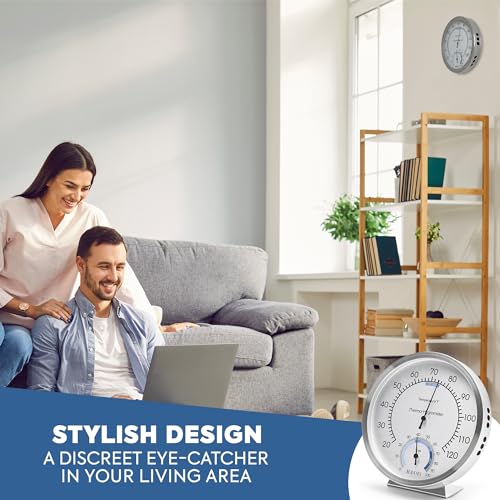 Analog Thermometer – Hygrometer – Thermometer for Indoor – Premium Stainless Steel Temperature Gauge Indicator – Battery Free Operated Temperature and Humidity Monitor – High Accuracy - Ø 12.5