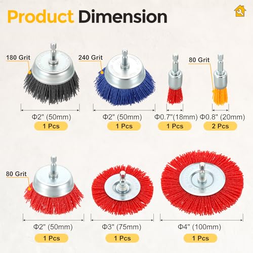 8pcs Wire Brush for Drill Kit, 1/4in Shank, Nylon, 80-240 Grit