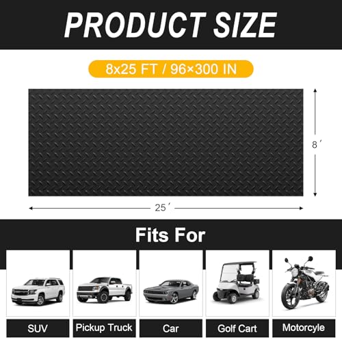 Grandroad auto 8x25 FT Garage Floor Mat, 2.8mm Thickened Flooring Roll for Under Car Diamond Plate PVC Rubber Mat with 20 Pcs Tapes, Non-Slip Floor Mat for Garage, Warehouse, Gyms, Trailer, Black - color: Black, size: 8×25FT
