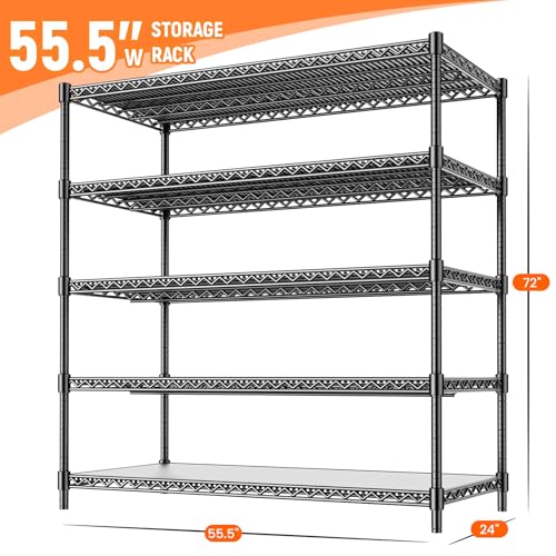 24" D Storage Shelves 3300 LBS Heavy Duty Garage Shelving, 5 Tier Metal Shelving Adjustable Wire Shelving Unit with Liners, 55" W x 24" D x 72" H for Commercial Warehouse, Black - color: Black, size: 55.5" W x 24" D x 72" H-5 Tier