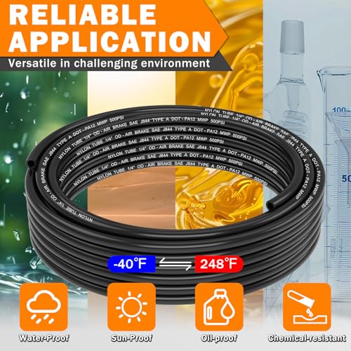 CheeMuii 30FT 1/4" DOT Air Line 1/4 Air Hose PA12 Nylon Pneumatic Tubing - color: Black, size: 1/4"OD-30FT