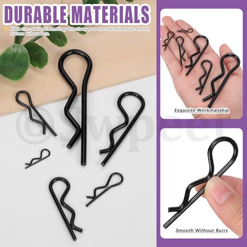 Swpeet 145Pcs 6 Sizes Black Zinc-Plated Carbon Steel Cotter Pin Assortment Kit, Hitch Pin Clip, R Clips, Retaining Pins, Hair Pin, Hardware Pins, Spring Fastener for Dolly Pins Trailer Pin Clips